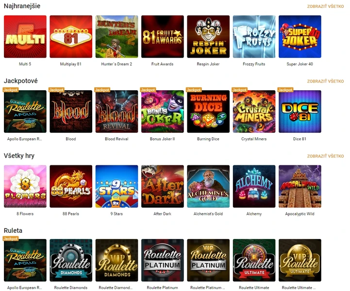 Rozmanitosť hier v Tipsport Casino