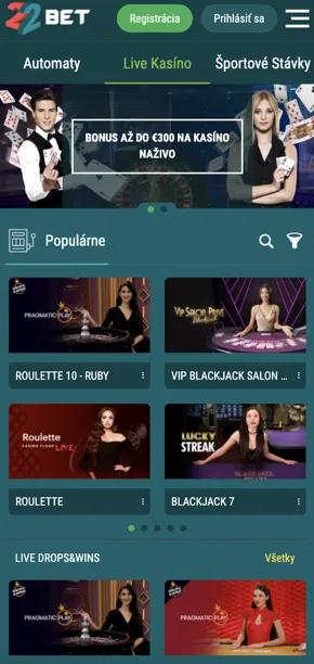 Mobilná verzia kasína 22bet
